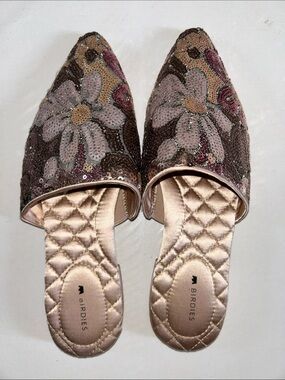 Birdies The Dove Rose Gold Petal Sequin Quilted Satin Footbed Pointed Toe Slides